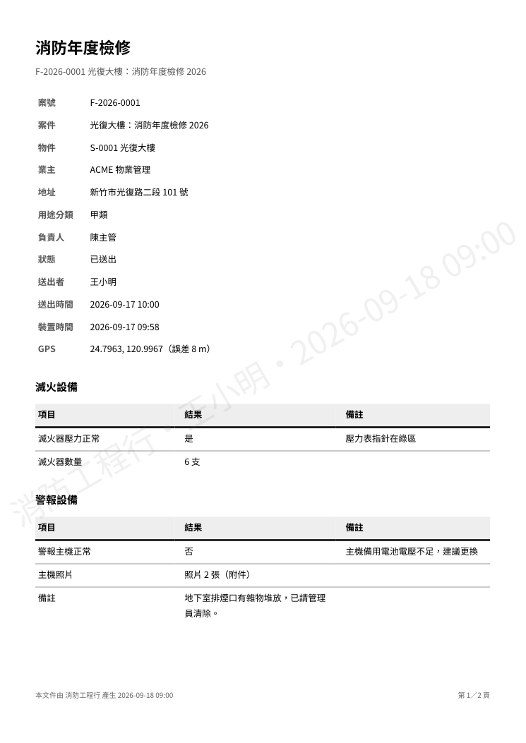 檢查表報告：案件資料、各段檢查項目、結果、備註；照片列在附件。